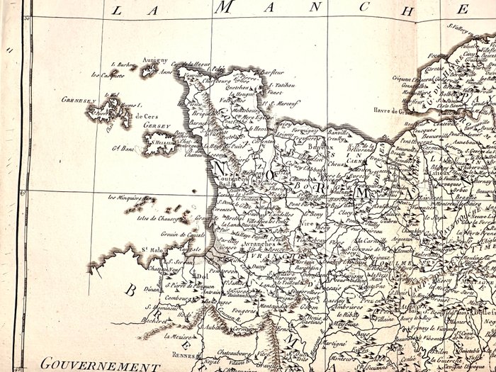 Francja, Mapa - Normandia, Maine, Perche, Manche, Calvados, Seine-Maritime, Eure, Eure-et-Loir, Touraine; Rigobert Bonne - Gouvernement de Normandie et celui du Maine-Perche - 1781-1800