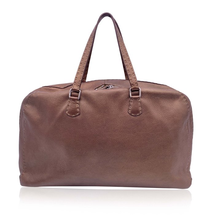 Fendi - Selleria Brown Metallic Leather Weekender Bag Satchel Kézitáska