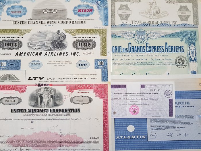 债券或股票收藏 - 1909-1993 年航空史上的二十三个历史份额