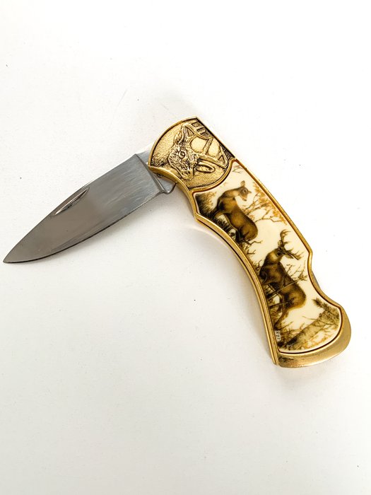 24K gold plated hunting collector's knife - Majestic 10 Point Buck Deer - Coltellino a serramanico 