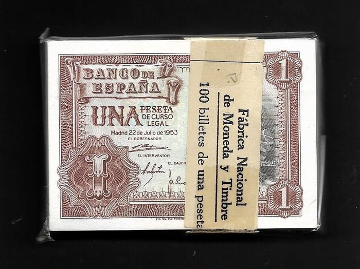 Hiszpania. - 100 x 1 peseta 1953 - Consecutives - Pick 144a - original bundle