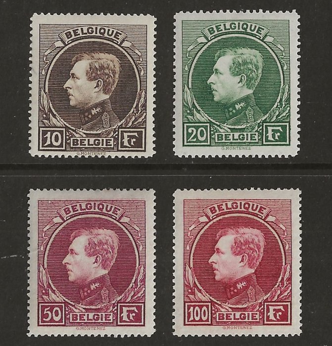 Belgien 1929 - Albert I tippe Montenez – 10F, 20F, 50F und 100F Pariser Druck (t14½) - OBP/COB 289/292