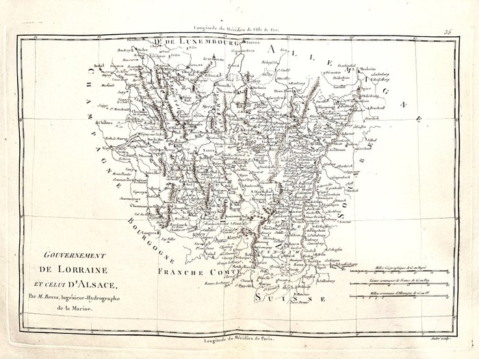 Franța, Hartă - Alsacia, Bas-Rhin, Haut-Rhin, Strasbourg, Luxemburg; Rigobert Bonne - Gouvernement de Lorraine et celui d'Alsace - 1781-1800