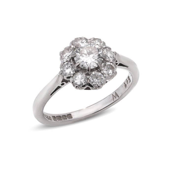 Inel Cap de floare din aur alb de epocă 18kt 1,46 ct. de inel cu diamante. 
