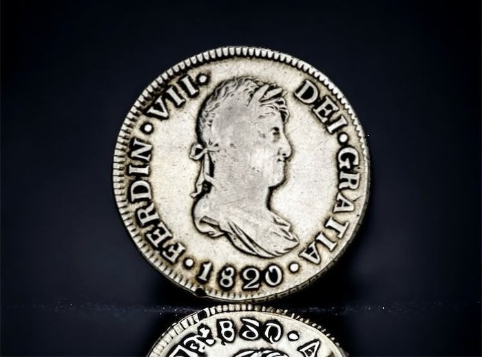 Espanha. Fernando VII (1813-1833). 2 Reales 1820 Guatemala M. Segundo busto propio.