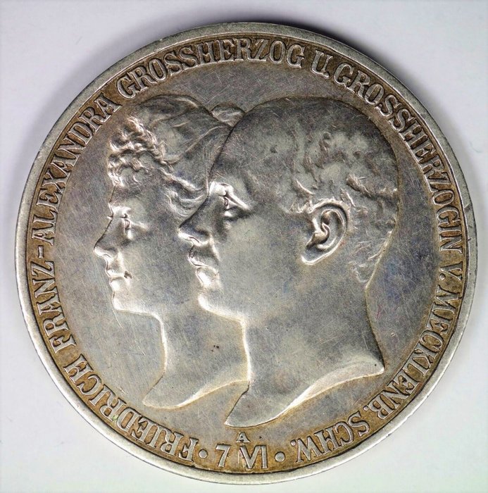 Tyskland, Imperiet, Tyskland, Mecklenburg-Schwerin. Friedrich Franz IV. (1897-1918). 5 Mark 1904 ( Wedding with Alexandra of Hanover)