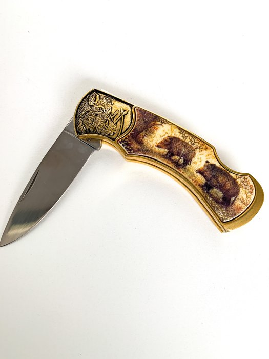 24K gold plated hunting collector's knife Franklin Mint Wild Boar - Fickkniv 