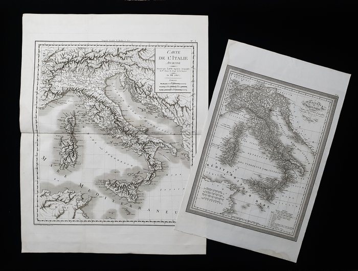 歐洲, 地圖 - （批量 2 個）- 義大利/西西里島/撒丁島/卡拉布里亞/倫巴第/托斯卡納/莫利塞; Lapie / Tardieu -- Vivien de S. Martin - Carte de l'Italie Ancienne - Italia Vetus - 1801-1820