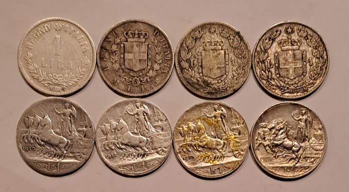 Italia, Italian kuningaskunta. 1 Lira 1863/1917 (8 monete)  (Ei pohjahintaa)