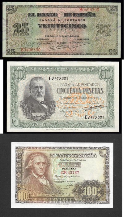 Espanha. - 25, 50, 100 Pesetas - 1938-1940-1948