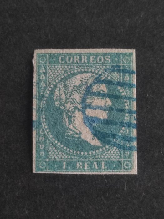 Spain 1855 - ISABEL II 1 Royal greenish blue, Blue grill with filigree crossed lines - Edifil n° 45