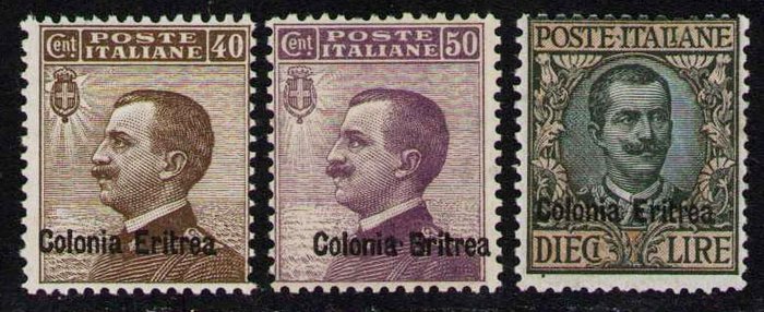 Italienske Eritrea 1916 - Vittorio Emanuele III, 3 værdier overtrykt. Certifikater - Sassone 38/40