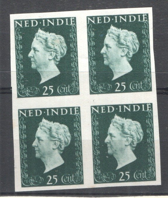 Índias Orientais Holandesas 1948 - Wilhelmina 25 centavos prova imperfurada em bloco de 4 - NVPH 339