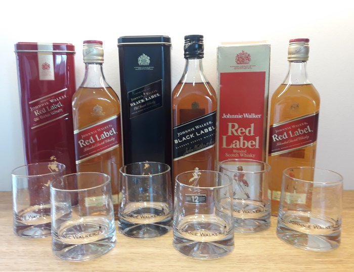 Johnnie Walker 12 years old - Black Label - Red Label - glasses  - b. Δεκαετία του 2020 - 70cl - 3 μπουκαλιών