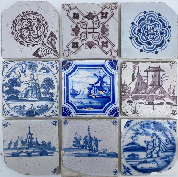  瓷磚 - 古董代爾夫特藍色瓷磚，帶有弗里斯蘭花卉、城堡、帶農場的磨坊（免費競標） - 1600-1650 