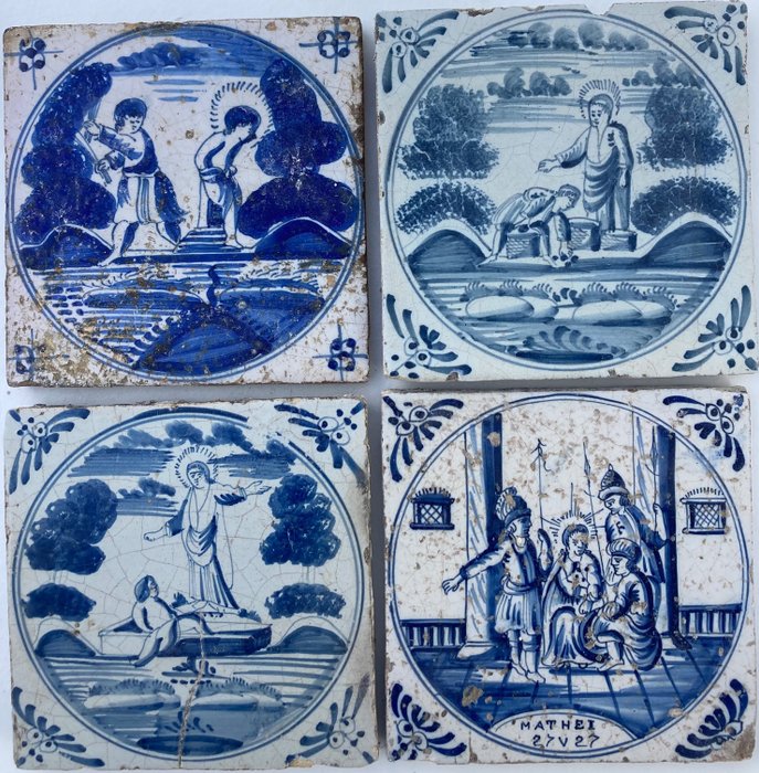  Kakel - Antika delftsblå bibliska plattor med tortyr och Mat 27 v 27 - 1700-1750 