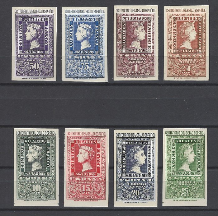 西班牙 1950 - 西班牙百年紀念郵票及證書 - Edifil 1075/82