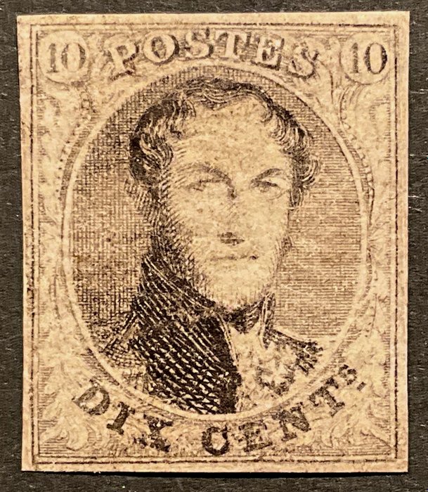 比利時 1851 - 新鮮郵寄，豪華邊距：Leopold I 'Medaillon' - 帶水印，無框 - 10c 棕色 - OBP/COB 6 (plaat II)