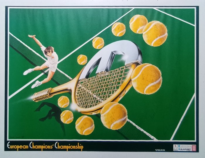 J.J. Maquaire - Originele genummerde European Champions Championship Tennis 1982 poster met handtekeningen spelers - 1980er Jahre