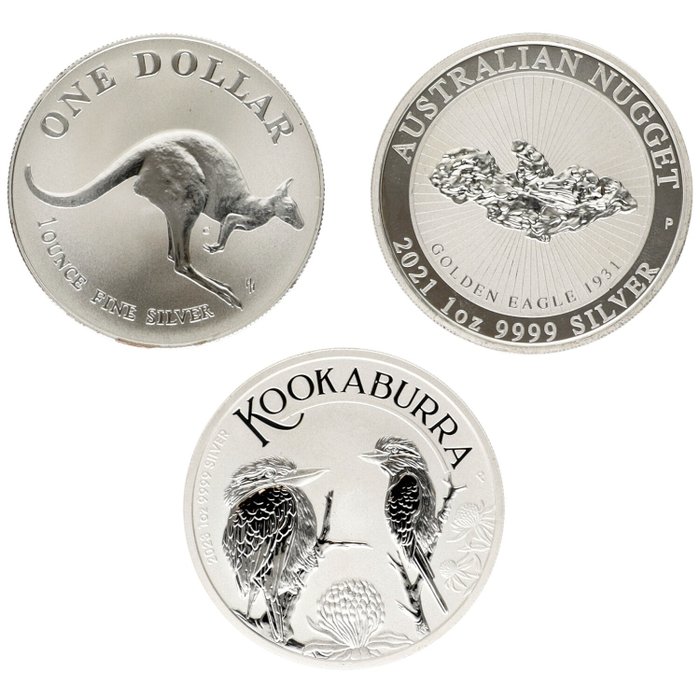澳大利亚. Elizabeth II. 1 Dollar 1993/2023 "Australian wildlife" 1 Oz (3stuks)  (没有保留价)