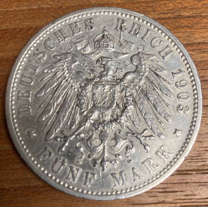 德国， 帝国, 德国， 符腾堡州. Wilhelm II. (1891-1918). 5 Mark 1903-F  (没有保留价)