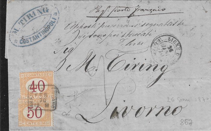 Italy Kingdom 1870 - Letter sent by steamship from Constantinople to Livorno RARITY OF POSTAL HISTORY - Sassone segnatasse n. 8 e 9
