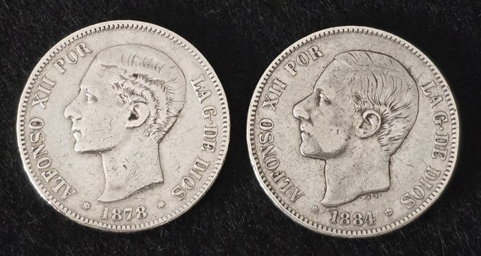 Spanien. Alfonso XII (1874-1885). 5 Pesetas 1878  EMM / 1884 (18*84) MSM (2Moedas)  (Ohne Mindestpreis)