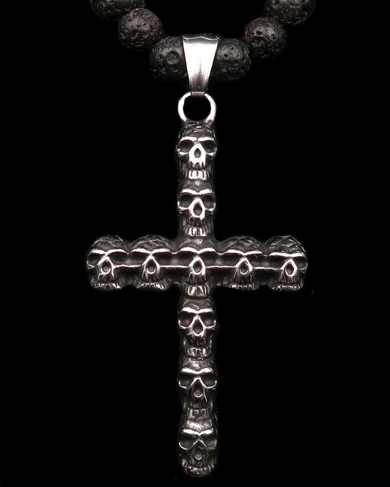 Collar - Calavera Memento Mori - Inmortalidad espiritual - Piedra de lava, cierre, cuentas de plata - Collar con colgante