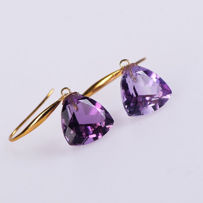 无底价 - 紫水晶耳环 - 精美手工切割和抛光 - 18K金- 1.18 g