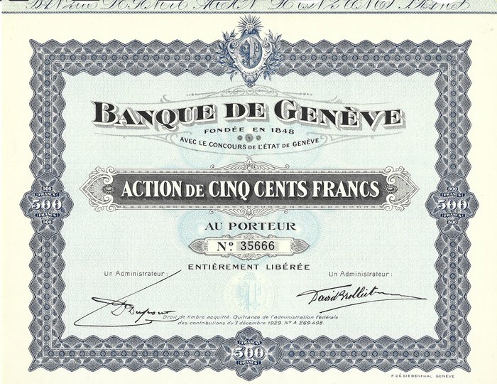 Coleção de títulos ou ações - Suíça - Banque de Geneve - Participação de 500 FR - Cupons