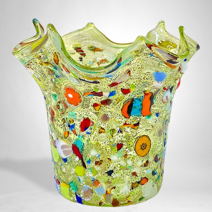 Filippo Maso - Vase -  Green handkerchief with silver leaf, reeds, stains and murrine  - Glass