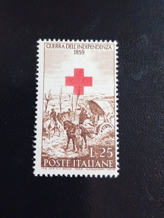 République italienne 1959 - Deux variétés - Centenaire de la Seconde Guerre d'Indépendance avec croix déplacée de haut en bas - Sassone 867a