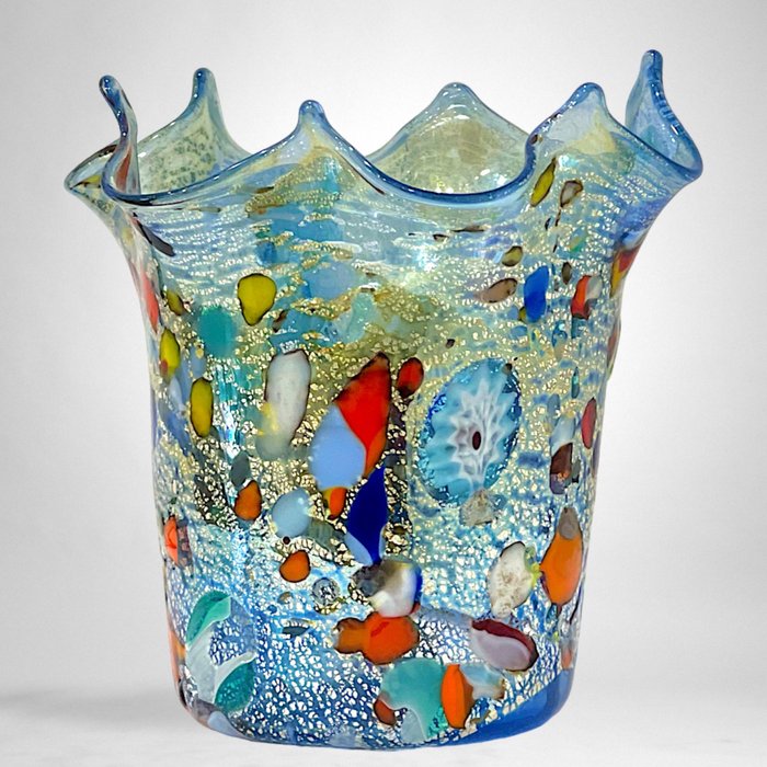 Filippo Maso - Vase -  Blaues Taschentuch mit Blattsilber, Schilf, Flecken und Murrine  - Glas