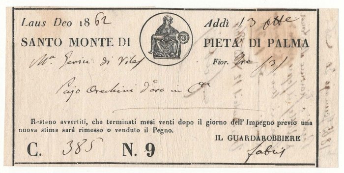 Italien. 1x 3 Fiorini Ricevuta Santo Monte di Pietà di Palma 1862  (Utan reservationspris)
