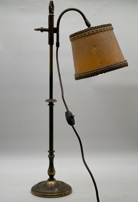 Lampa stołowa - Stara mosiężna lampa biurkowa z abażurem - Mosiądz