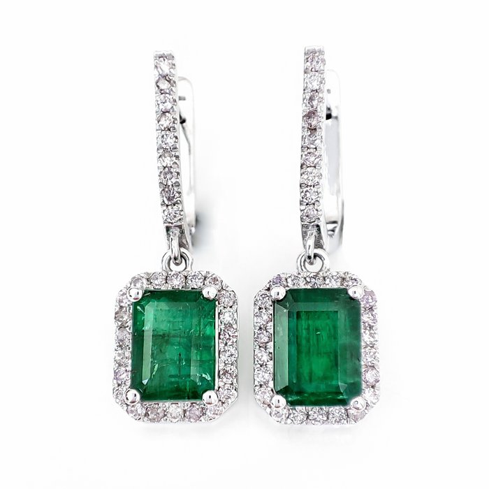 No Reserve Price - 4.18 Carat Emerald And Pink Diamonds - Earrings - 14 kt. White gold 