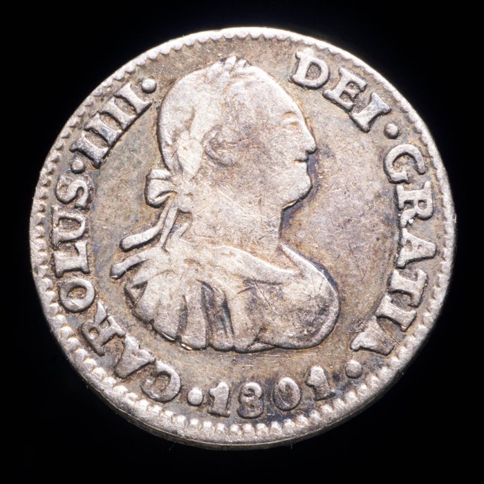 Espanja. Carlos IV (1788-1808). Medio Real Mexico 1801 FT  (Ei pohjahintaa)