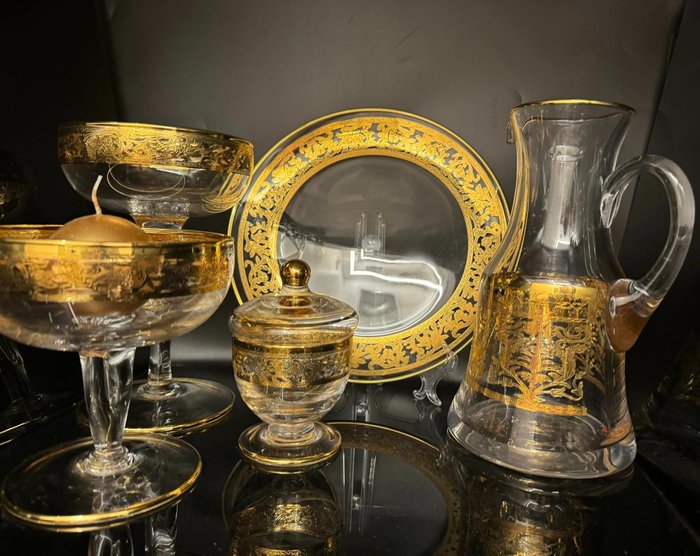 Antica cristalleria italiana La maison du Lia - Schalen-Set (6) - Menage da tavola con caraffa, piatto e coppe, soffiate, incise e decorate a mano - .999 (24 kt) Gold, Kristall