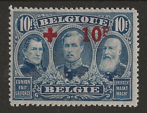 比利時 1918 - 紅十字會 10F + 10F 藍色，居中 - OBP/COB 163
