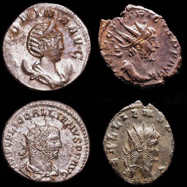 Romarriket. Tetricus I, Salonina & Gallineus (x2). Lot comprising four (4) antoninianus From Rome, Treveri & Samosata mint.  (Ingen mindstepris)