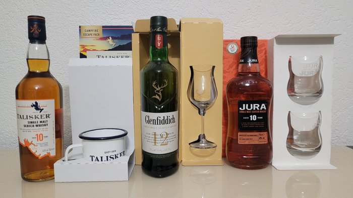 Glenfiddich 12yo + Jura 10yo + Talisker 10yo - Giftsets - Original bottling  - 70cl - 3 bouteilles