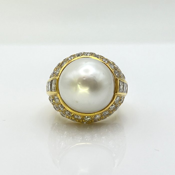 Bague - 18 carats Or jaune Perle - Diamant 