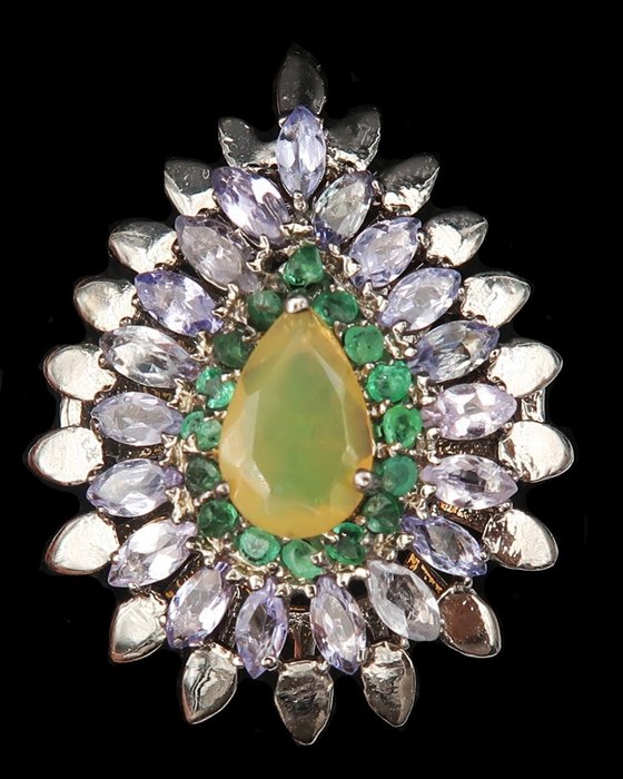 Opal - Silver, Dignitary Ring - Protective Aura: Spiritual Protection - Tanzanite, Emerald - Ring