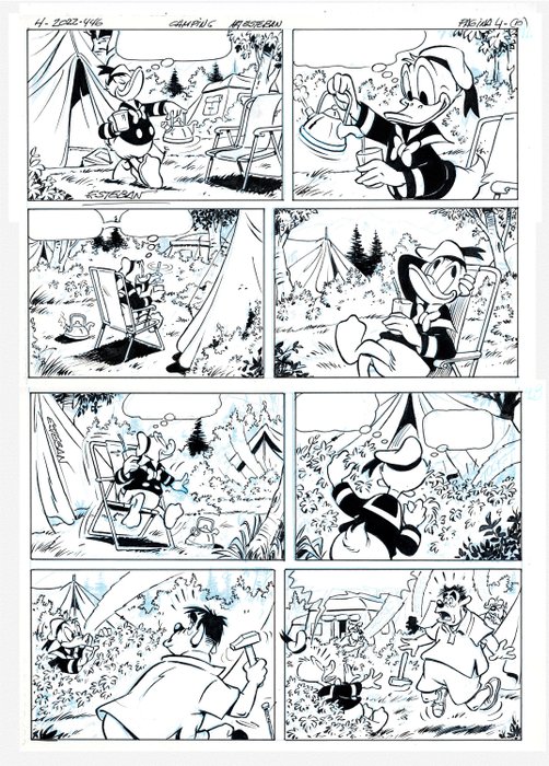 Ignasi Calvet Estéban, Herman Roozen - 1 original page 4 with 8 sketches - Donald Duck - De stiltecamping - H 2022-446 - 2023