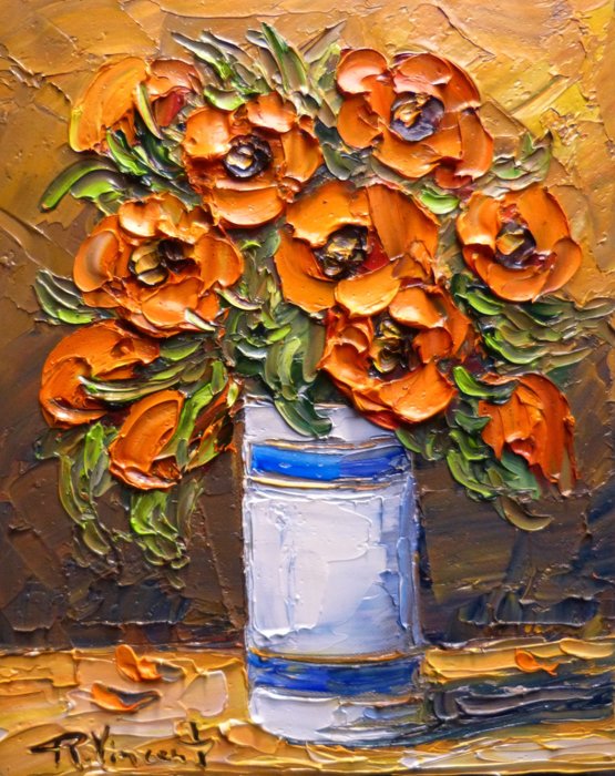 Vincent Rallo (1954) - Vase  blanc bleu et coquelicots fleurs de Provence