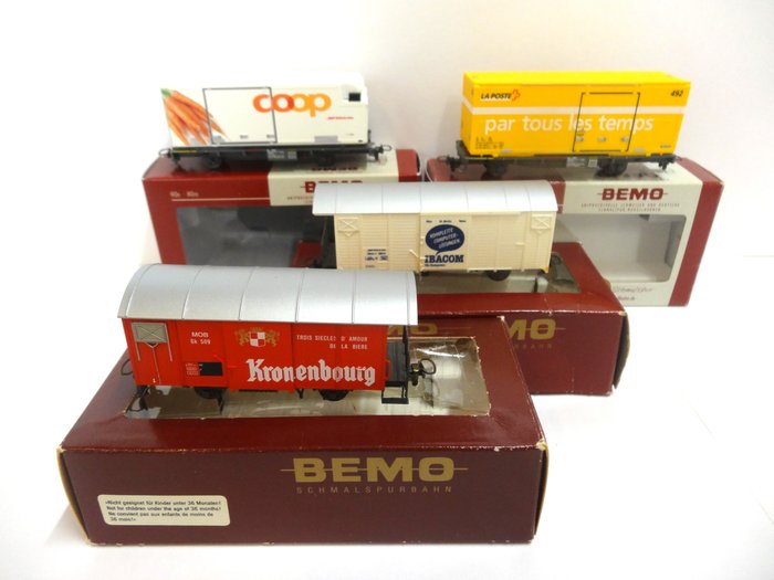 Bemo H0m轨 - 2269-104/2268-127/2282-124/2274-319 - 模型火车货运车厢 (4) - 4 辆货车、Coop Wortel、邮政集装箱、Ibacom 和 Kronenbourg - Rhb, MOB