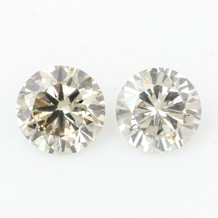 2 pcs Diamanten - 0.51 ct - Briljant, Rond - Zeer licht grijs geel - SI1, SI2