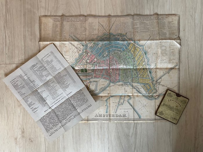 Países Bajos, Plano urbano - Ámsterdam; G.W. Tielkemeijer - Amsterdam. [Kaart met handkleuring, op ZIJDE gedrukt]. - 1851-1860