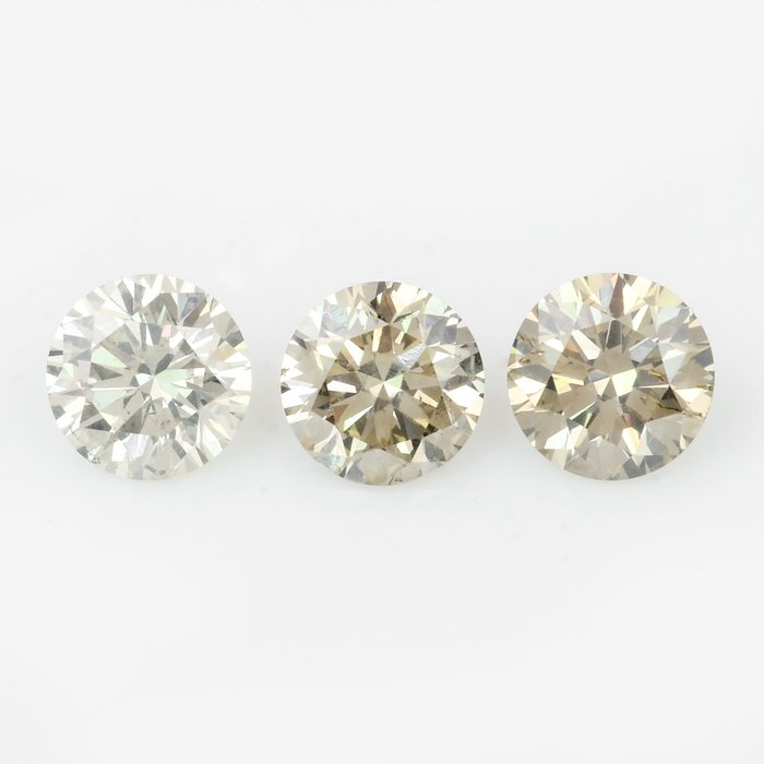 3 pcs 鑽石 - 0.46 ct - 圓形, 明亮型 - 很淡灰黃色 - SI1, VS1