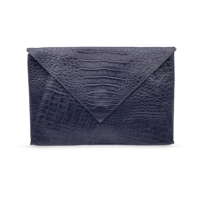 Fendi - Vintage Black Embossed Portfolio Envelope Clutch Bag with Strap - Mala de ombro
